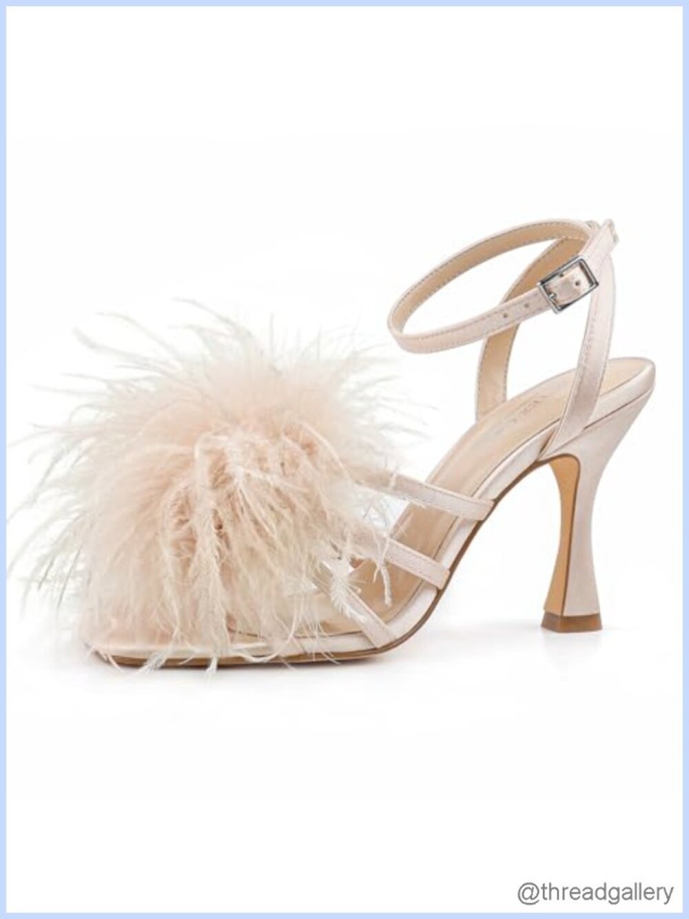 Fluffy Feather Square Open Toe Heeled Sandals Adjustable Ankle Strap